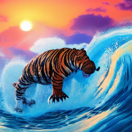 Image similar to a closeup photorealistic photograph of an energetic knitted tiger hippopotamus riding a large wave during sunset. surf in the background. professional capture. brightly lit scene. this 4 k hd image is trending on artstation, featured on behance, well - rendered, extra crisp, features intricate detail, epic composition and the style of unreal engine.