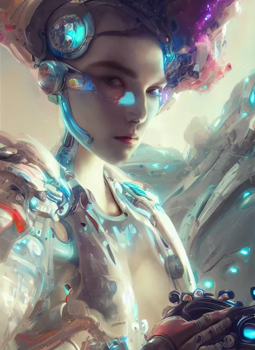 Prompt: a white cast futuristic biomechanical humanoid woman with pretty face in intricate detailed color smashing fluid oilpaint, futuristic digital painting, cyberpunk, 8 k, hyper detailed, octane render, concept art, by peter mohrbacher, by wlop, by ruan jia,