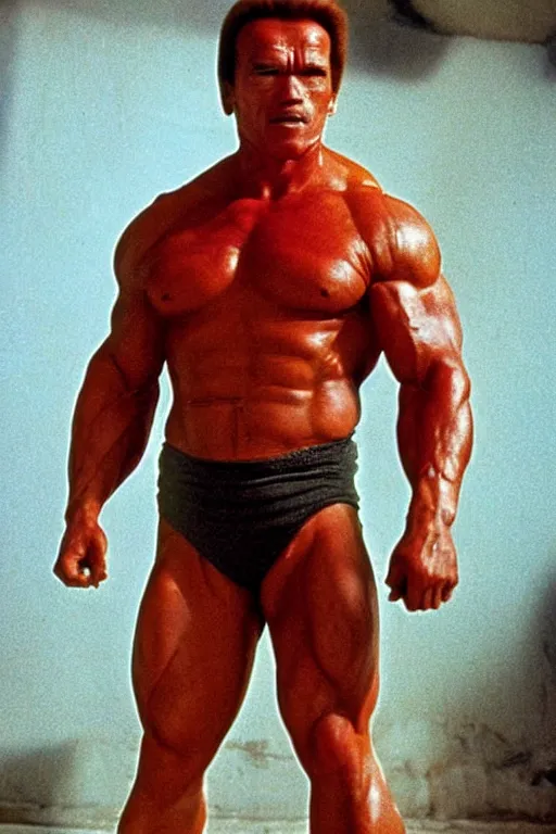 Image similar to arnold schwarzenegger as he - man, full body, symmetrical features, color photo, 1 9 8 5 photograph, kodachrome, aged paper, sergio leone, master prime lenses, cinematic