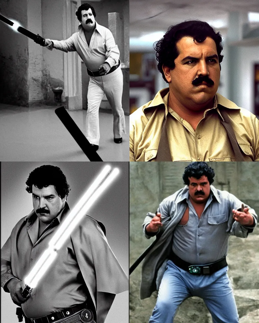 Prompt: pablo escobar as a jedi knight, action photo, star wars, lightsaber