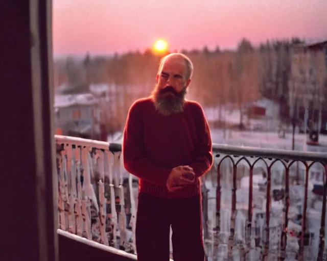 Image similar to lomo photo of 4 0 years russian man with beard and sweater standing on small hrushevka balcony full with cigarette smoke in small russian town looking at sunset, film still, atmospheric, cinestill, bokeh