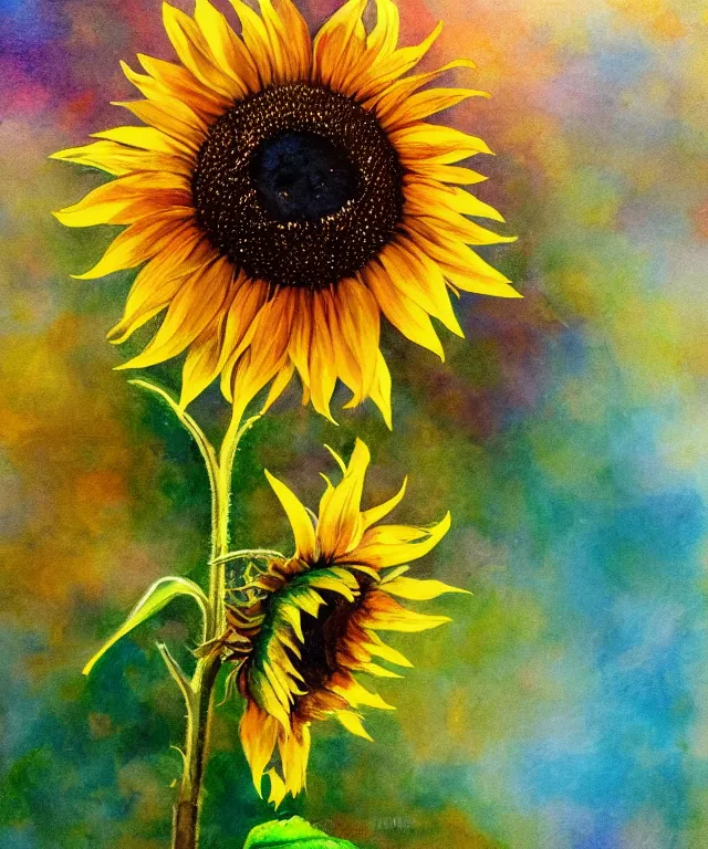 Image similar to a lonely single sunflower, water painting, sun rays, intricate, colorful, highly detailed, perfect composition, soft tones