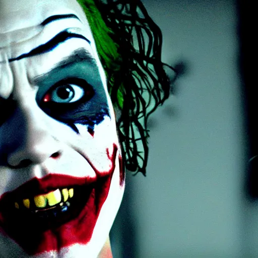 Prompt: heath ledger joker and margot robbie as harley quinn, cinematic, close up, anomorphic lens, low lighting