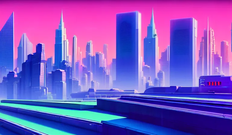 Image similar to a beautiful, sharp focus, and immaculate overcast futuristic isometric city. vaporwave ombre rendering. outrun style. trending on artstation. recommended for you behance. by chris moore. by edward hopper. beeple colors. ambient occlusion. digital matte painting. metropolis filmic. gotham city.