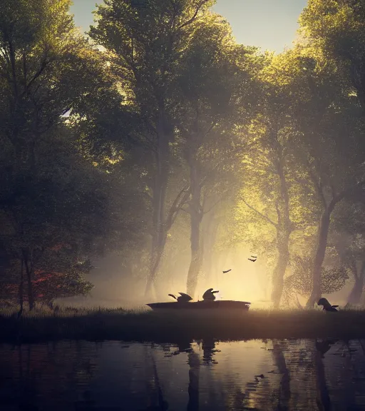 Prompt: three humans with a reflection of three crows in a little boat in a swamp, volumetric lighting, fog, majestic light, octane render, ethereal glare of the sun, hyperrealistic, epic, masterpiece, by makoto shinkai