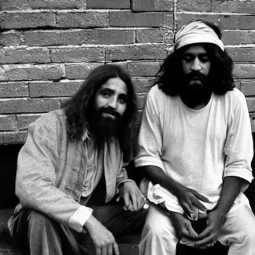 Image similar to photo of jesus and moses smoking weed in the bronx circa 1 9 7 8