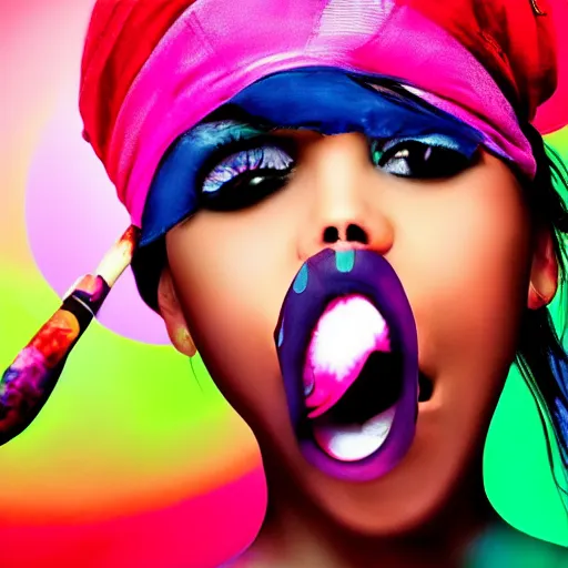 Image similar to beautiful Girl with a bandana, big mouth, big eyes, short black hair, in a neon style, close up