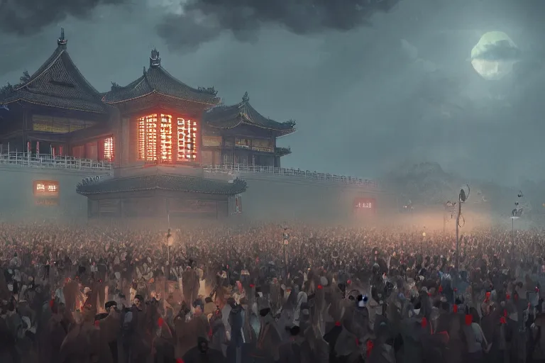 Image similar to crowds of programmers are marching to chinese palace, dark atmosphere, light above palace, digital art, trending on artstation