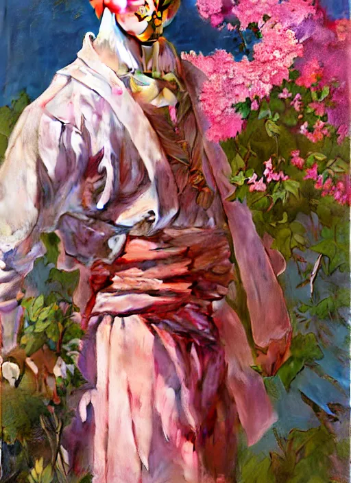 Image similar to androgynous cute pink haired teen boy wearing greek clothes, muted colors, colorful flowers, sunlight filtering through skin, j. c leyendecker, by alan lee, wlop! illustrated by starember, fantasy art by craig mullins cfg _ scale 9