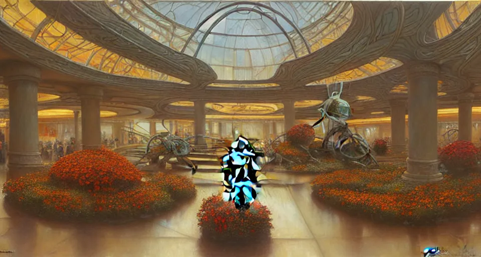 Prompt: a minimalist oil painting by donato giancola and james gurney, warm coloured, cinematic scifi luxurious futuristic foggy steam filled megalithic garden circular shopping mall interior with microscopy minimalist giant windows flowers growing out of pretty bulbous ceramic fountains, gigantic pillars and flowers, maschinen krieger, beeple, star trek, star wars