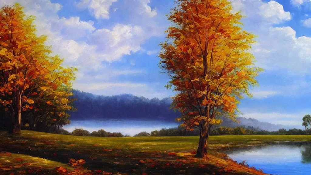 Image similar to beautiful panoramic landscape, oil painting, trees surrounding the reflective waters of a lake, gentle cloud cover and the sunbeams are falling through the gaps, the trees around have leaves the color of autumn,, by bob ross