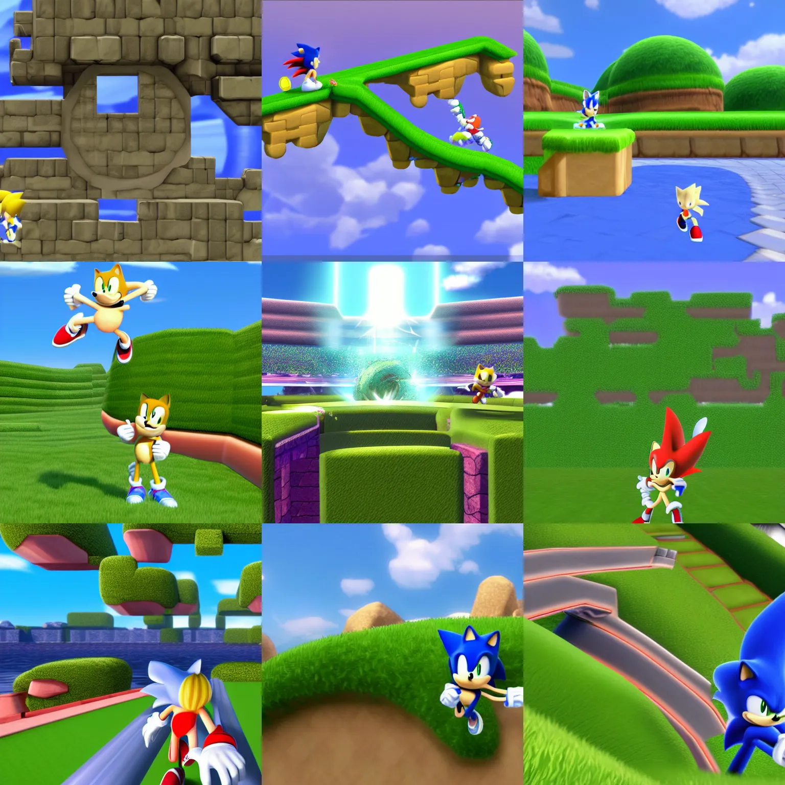 Prompt: a sonic the hedge pointing up in the sky, computer graphics by miyamoto, featured on deviantart, sots art, rendered in maya, xbox 3 6 0 graphics, 2 d game art