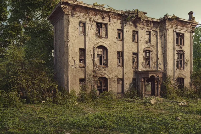 Image similar to ruined, abandoned polish mansion, seen from inside and overgrown by plants. Low camera angle. 40 mm lens. First light of day falls through the broken windows. Dirt, leaves on ground. Warm colors. Octane render. Substance painter. Zbrush. Trending on artstation. 8K. Highly detailed.