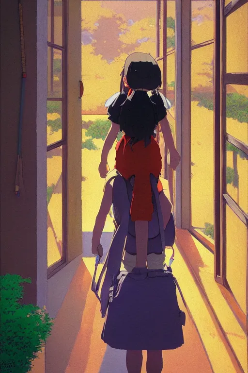 Prompt: a colorful portrait of a student rear view, morning, by studio ghibli painting, superior quality, masterpiece, traditional Japanese colors, by Grzegorz Rutkowski, concept art