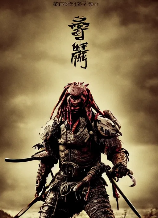 Image similar to movie poster for predator film shot in feudal japan staring hiroyuki sanada as a disgraced ronin who hunts down the predator after he fails to protect his master from it. in the style of al kallis, reynold brown, h. r. geiger.