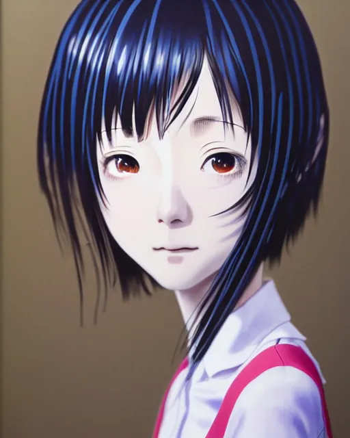 Image similar to a highly realistic, portrait of a beautiful japanese girl, serial experiments lain, wired landscape, sharp features, a beautiful face, soft smile, under studio lighting, taken with a canon eos camera with 1 3 5 mm focal length, art by range murata and yasuyuki ueda