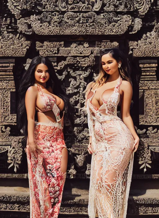 Image similar to portrait of lindsey pelas and demi rose wearing kebaya in bali temple, by charlotte grimm, natural light, detailed face, beautiful features, symmetrical, canon eos c 3 0 0, ƒ 1. 8, 3 5 mm, 8 k, medium - format print, half body shot