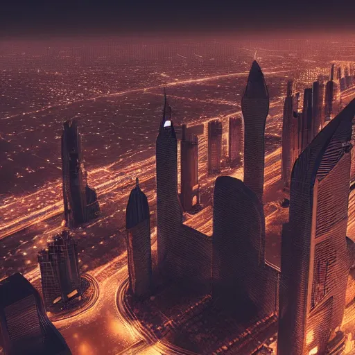 Image similar to a beautiful matte masterpiece of futuristic dubai at night by by atelier olschinsky and moebius, trending on artstation, featured on behance