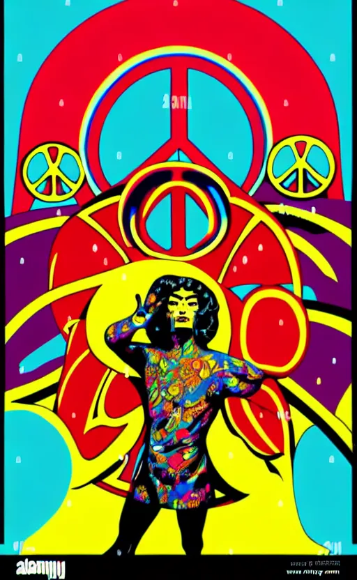 Prompt: psychedelic peace signs wide angle shot, white background, vector art, illustration by frank frazetta and salvador dali