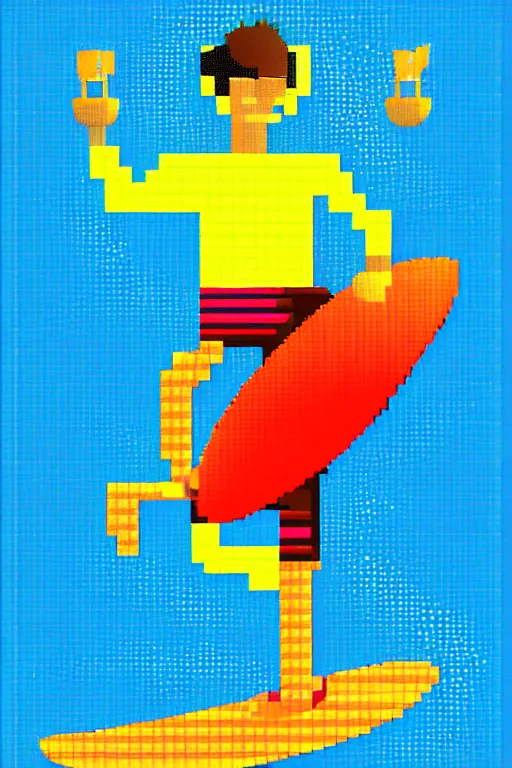 Image similar to a surfer on surfboard on a big wave. sun and sea. colorful. pixelart.