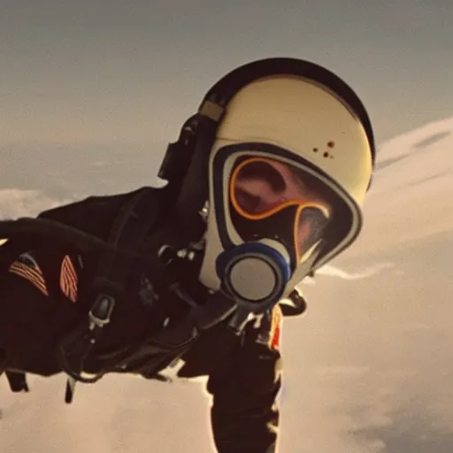 Prompt: a film still of a jet pilot wearing a flight suit and gas mask, attached to a parachute, in the sky, 8k