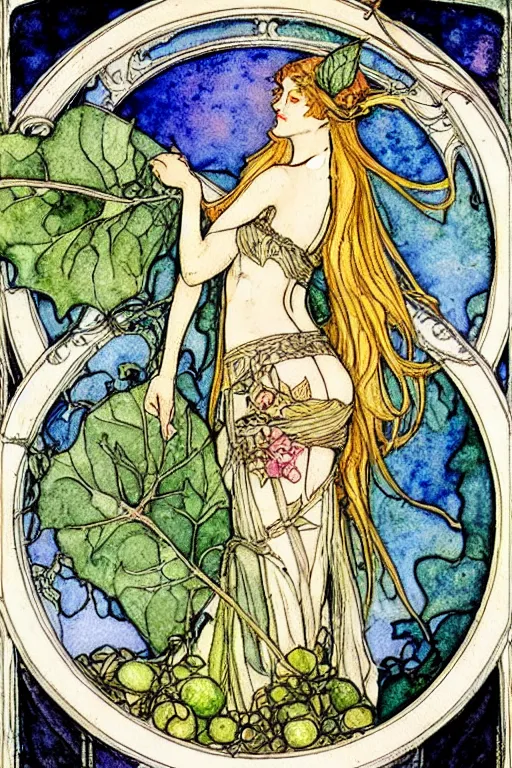 Prompt: elven art nouveau glass of wine watercolor painting in the center of a circular frame of leaves, art by walter crane and arthur rackham, illustration style, watercolor