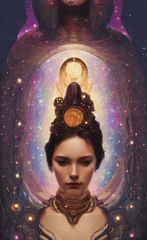 Image similar to portrait of a cosmic goddess, suit made out of stars and galaxies and cosmic energy, intricate, headshot, highly detailed, digital painting, artstation, concept art, sharp focus, cinematic lighting, illustration, art by artgerm and greg rutkowski, alphonse mucha, cgsociety