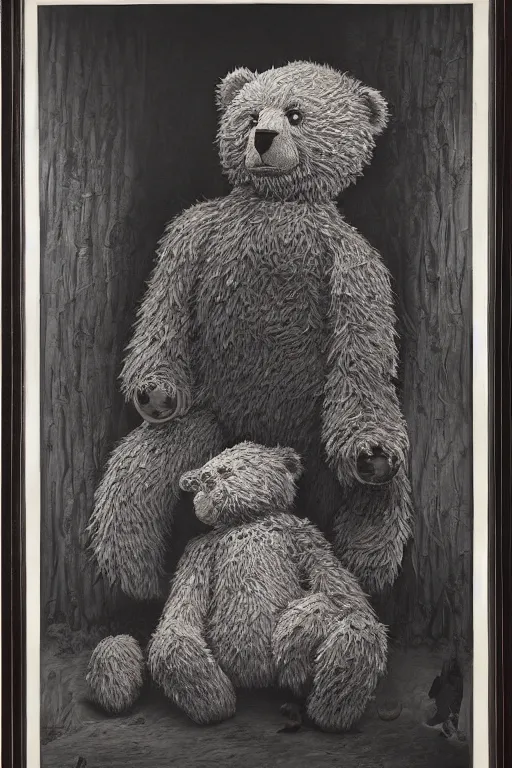 Image similar to official presidential portrait of a teddy bear, from the terrifying and incomprehensible america, body horror, by gerard brom, zdzisław beksinski and ansel adams