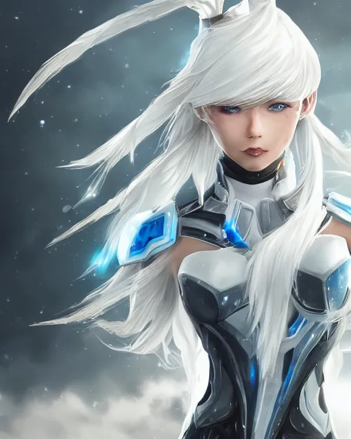 Image similar to perfect white haired girl, warframe armor, beautiful, dreamy, half asian, pretty face, blue eyes, detailed, windy weather, scifi platform, laboratory, experiment, 4 k, ultra realistic, epic lighting, cinematic, high detail, masterpiece, art by akihito tsukushi, akasuki voidstar