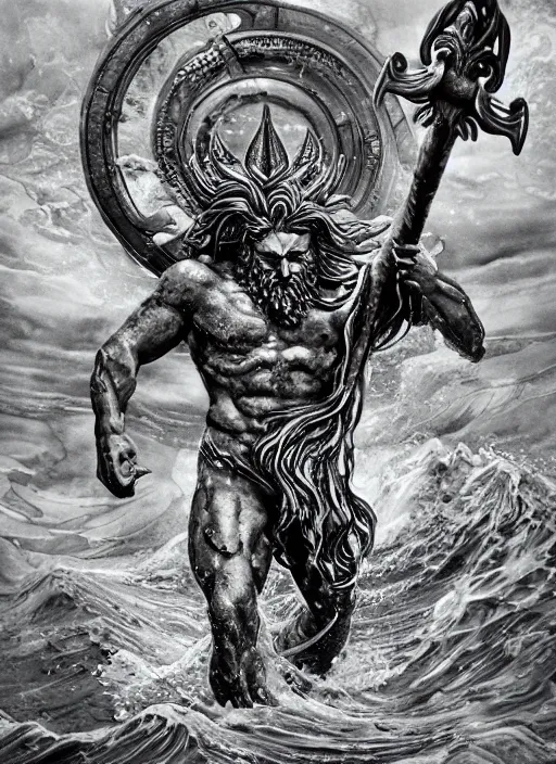 Image similar to Poseidon, the king of sea, with crown and trident rising from the ocean, watercolor, dramatic lighting, cinematic, establishing shot, extremly high detail, foto realistic, cinematic lighting, pen and ink, intricate line drawings, by Yoshitaka Amano, Ruan Jia, Kentaro Miura, Artgerm, post processed, artstation, matte painting, style by eddie mendoza, raphael lacoste, alex ross