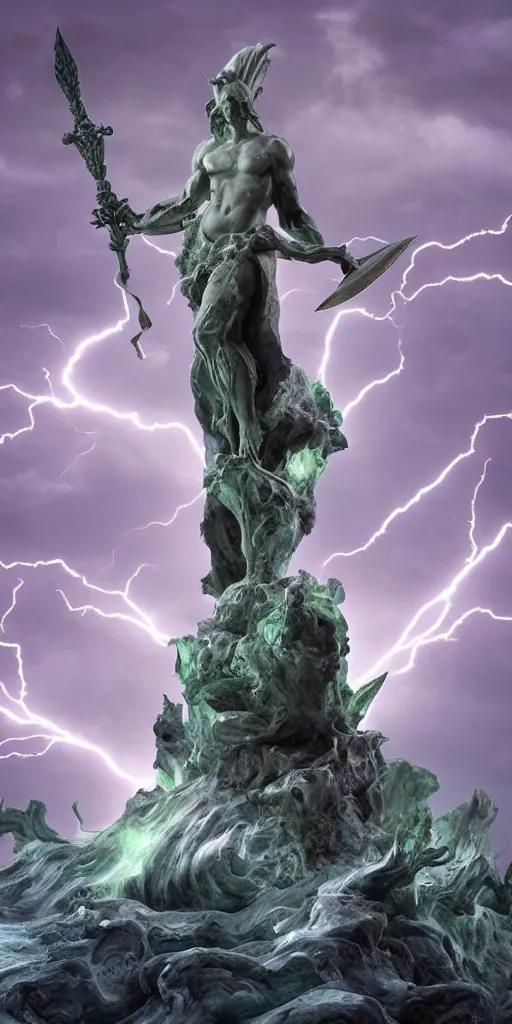 Prompt: gigantic marble statue of an alien of the sea wielding a trident on an island. roiling waves at the base. scene lit by lightning. thunderclouds in the background. fantasy setting. magicians praying to the statue. purples and greens. fantasy aesthetic. extremely detailed. 4 k. digital art.