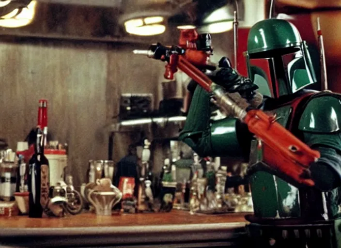 Image similar to boba fett drinking a bar in the movie swingers