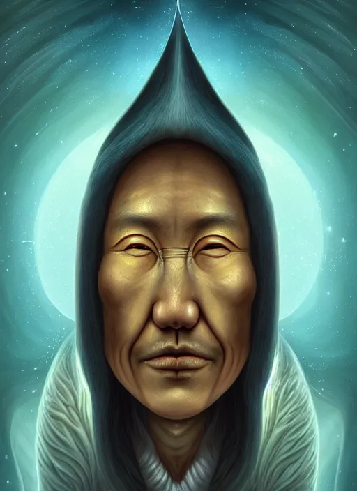 Prompt: matte symmetrical portrait of a wizard of the inuit tribe revealing the ancient secret of how life entered the cosmos, noble bearing. by hieronymus bosch, cyril rolando, esher and natalie shau, whimsical, profound, impossible. trending on devaintart.