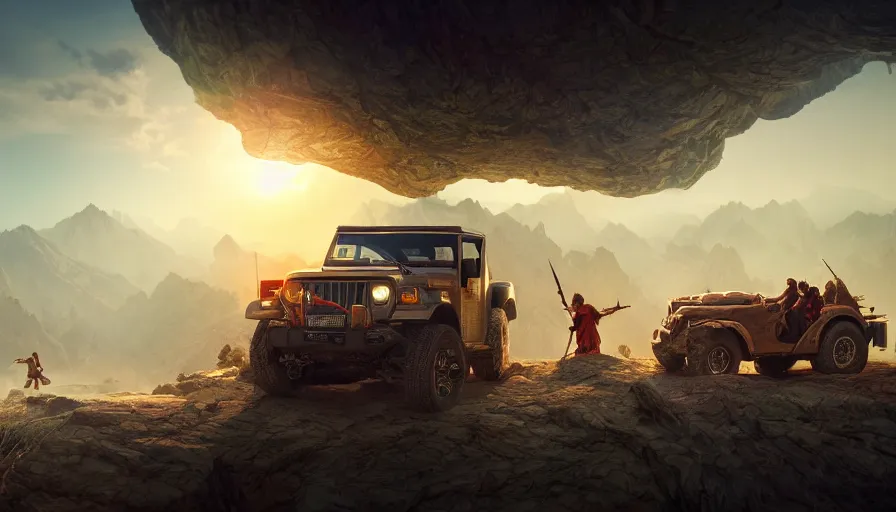 Image similar to mahindra thar, tribe members attacking, action scene, an epic fantasy, dramatic lighting, cinematic, establishing shot, extremely high detail, photorealistic, cinematic lighting, maxwell boas jessica rossier christian dimitrov anton fadeev, zaha hadid, trending on artstation, cgsociety, rendered in unreal engine 4 k hq