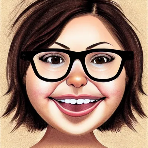 Prompt: curvy brunette woman with messy hair in a short bob, big forehead, round face, big cheeks, large glasses, romanian heritage, brown almond-shaped eyes, smile, olive skin, round nose, protruding chin, wide face, thin lips, wide mouth, no bangs, digital art, painterly, cartoon, cute, 8k, illustration, art by loish, painterly, trending on artstation, medium shot, uncropped