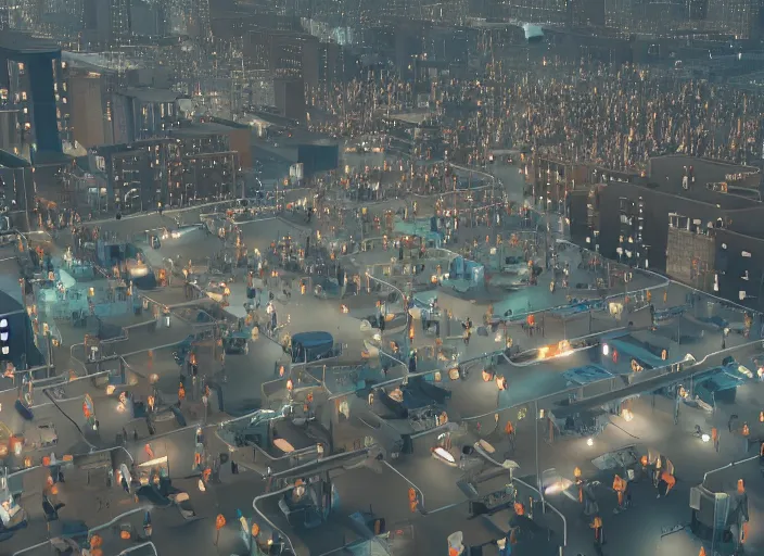 Image similar to huge crowd of small working citizens connected to a large single billionaire via catheters, DSLR 85mm, by Aleksandr Deyneka and Andrei Popov, Unreal Engine 5, Lumen, Nanite