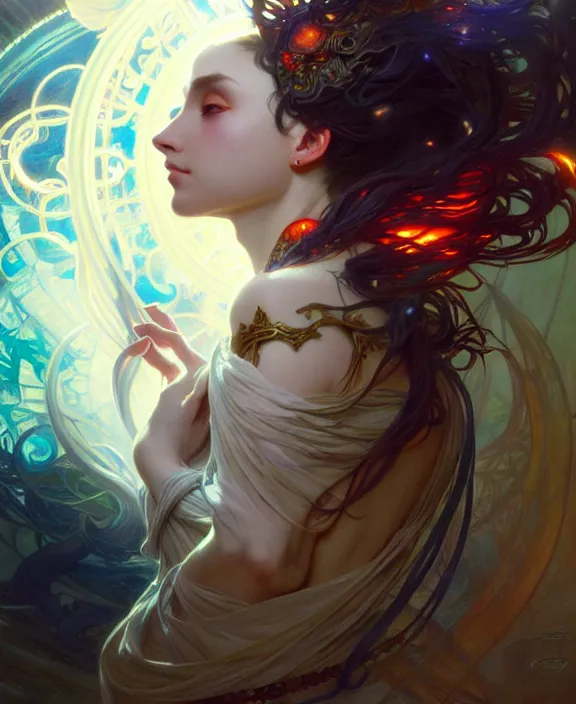 Image similar to a whirlwind of souls ushing inside the metaverse, half body, glowin eyes, d d, fantasy, intricate, elegant, highly detailed, colorful, vivid color, digital painting, artstation, concept art, art by artgerm and greg rutkowski and alphonse mucha and ruan jia