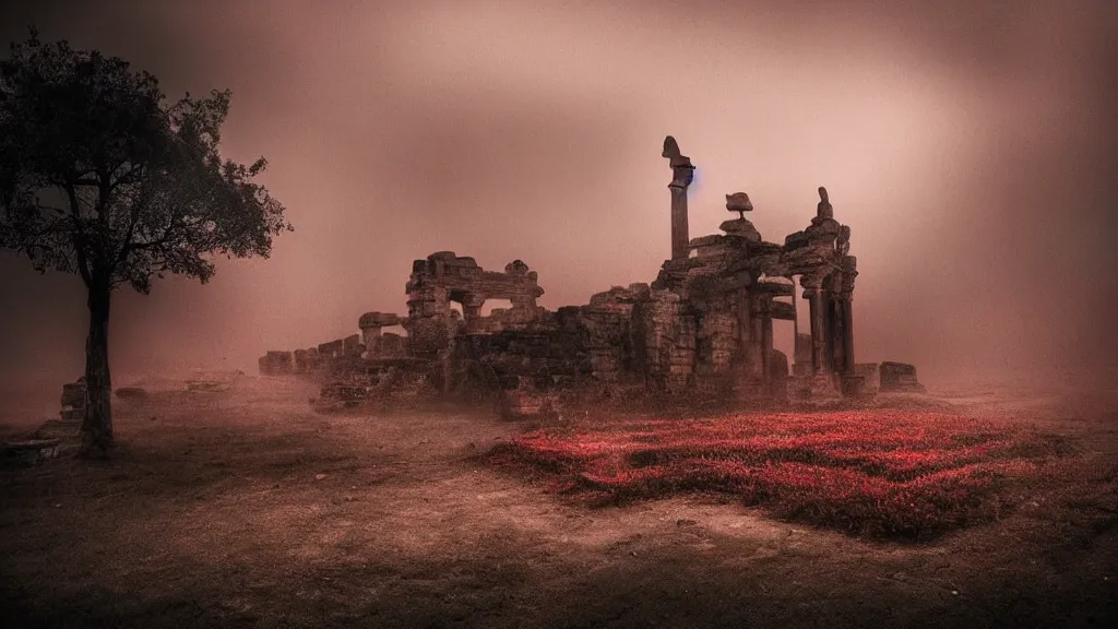 Prompt: an ancient city! lost in time!! fog! red haze! photography! realistic!!