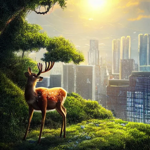 Image similar to highly detailed digital art of a deer standing on an overgrown rooftop looking into the lush solarpunk city below, sunshine, kimi no na wa, trending on artstation, tranquil, by ghibli