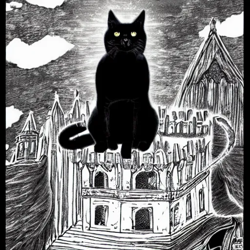 Prompt: a all black cat sitting on top of a castle, demon cat, style of kentaro miura!!!!, black and white, finely detailed