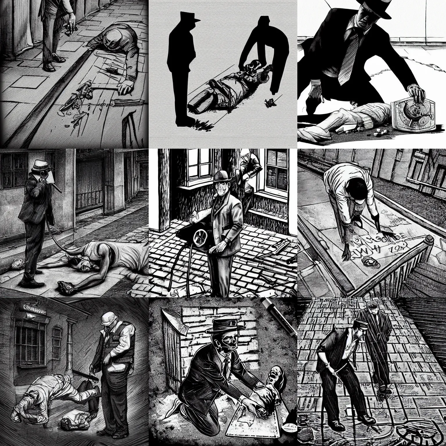 Prompt: pen and ink a detective at a gruesome crime scene chalk outline, impressive scene. grainy and rough. black and white colour scheme. beautiful artistic detailed digital art