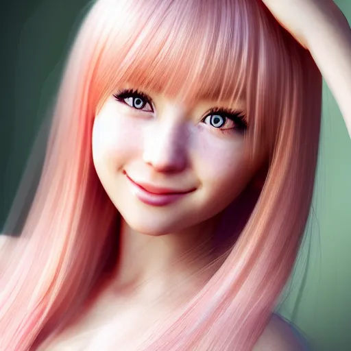 Image similar to beautiful intricate photograph of nikki from shining nikki dress - up game, a cute young woman, light pink hair, long hair with full bangs, full heart - shaped face, amber eye color, pale skin, light blush, chinese heritage,, smiling softly,, golden hour, soft focus, 8 k, hyperrealism, hyperdetailed