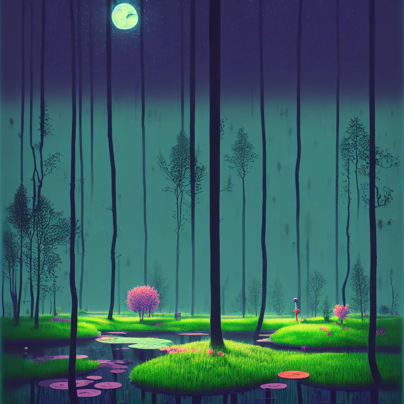 Prompt: ( ( ( gediminas pranckevicius ) ) ), a pond in the forest, moonlight, flower garden summer morning, very coherent and colorful high contrast art by simon stalenhag floralpunk screen printing woodblock, dark shadows, pastel color, hard lighting