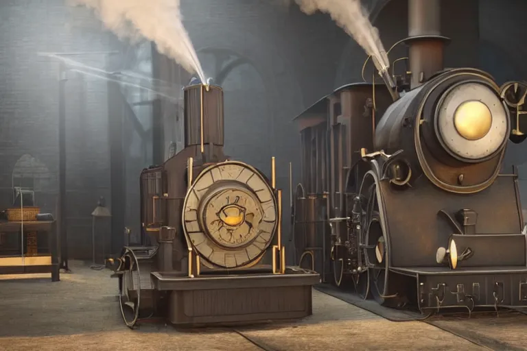 Prompt: still photo of the invention of steam engine, highly detailed, photorealistic shot, bright studio setting, studio lighting, crisp quality and light reflections, unreal engine 5 quality render