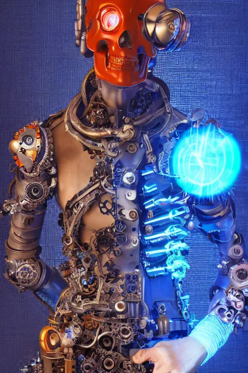 Image similar to full-body cyberpunk style sculpture of a young handsome Spanish prince half android with a chest opening exposing circuitry and a sparking motherboard, glowing blue lasert eyes, crown of mechanical gears and roses, flowing orange-colored silk, fabric, steampunk archways. baroque elements, human skull. full-length view. baroque element. intricate artwork by caravaggio. many many birds birds on background. Trending on artstation, octane render, cinematic lighting from the right, hyper realism, octane render, 8k, depth of field, 3D