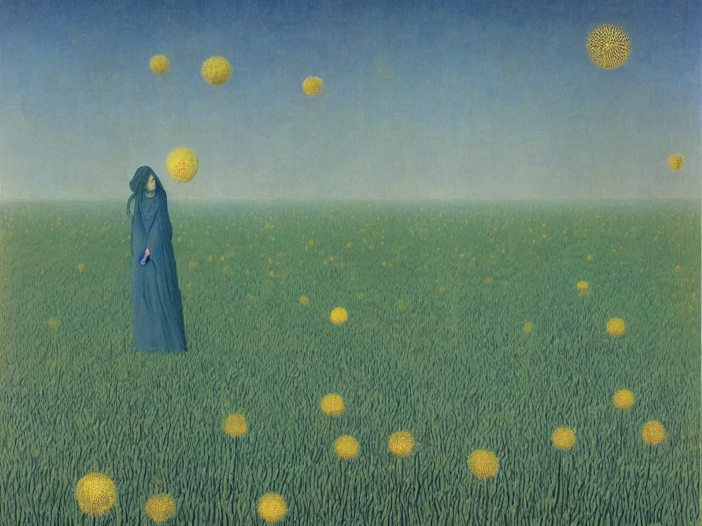 Prompt: Fata morgana above the oasis. Dandelion seed fractal glowing storm. Trembling waters. Painting by Rene Magritte, Jean Delville, Max Ernst, Maria Sybilla Merian