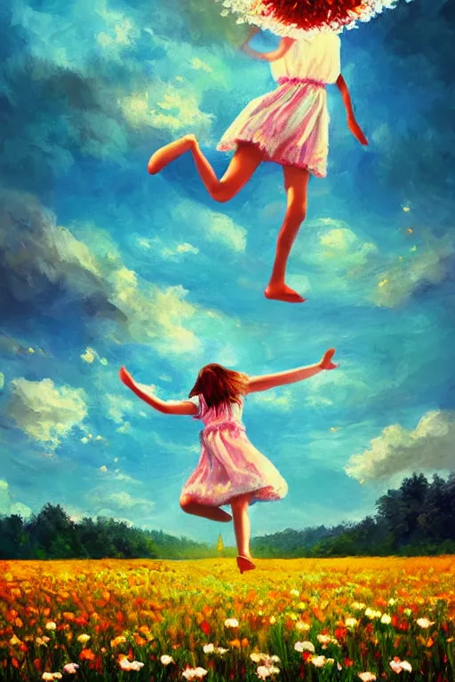 Image similar to giant white daisy flower head, girl jumping in a flower field, surreal photography, sunrise, dramatic light, impressionist painting, colorful clouds, digital painting, artstation, simon stalenhag