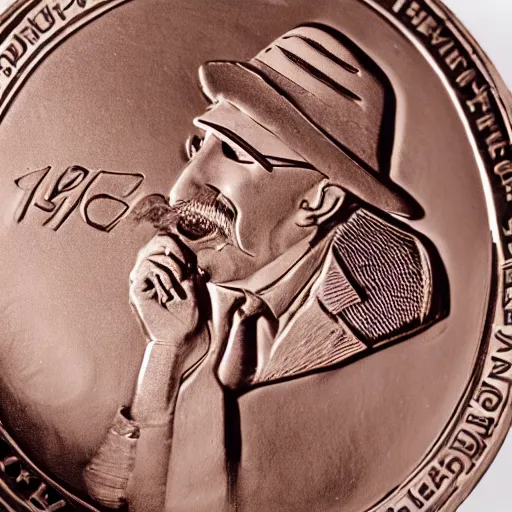 Prompt: A photograph of a delicious chocolate coin that is engraved with a portrait of 1975 leon redbone, highly detailed, close-up product photo, depth of field, sharp focus