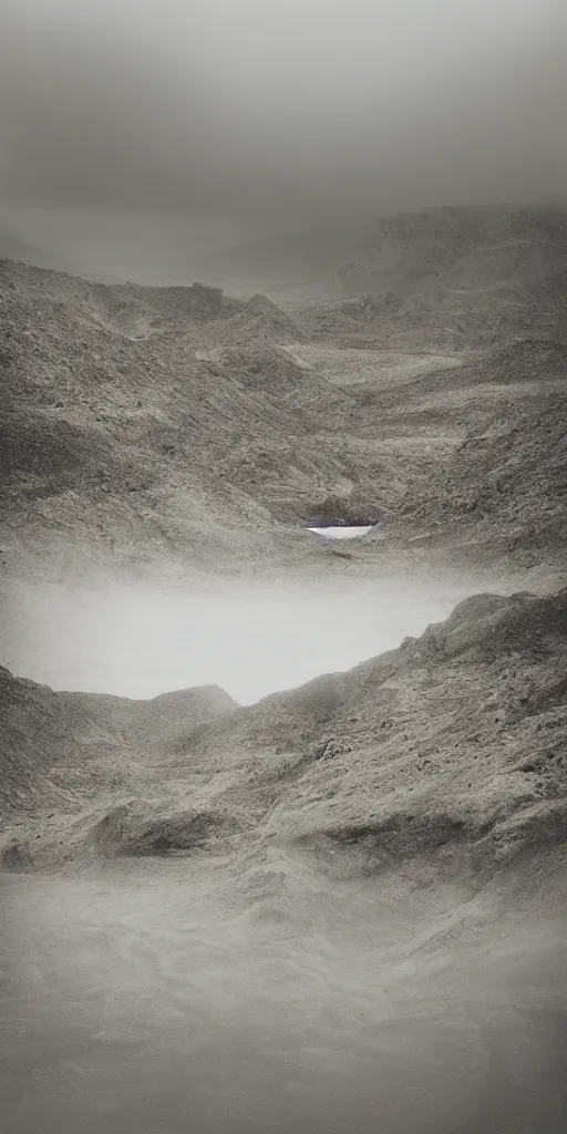 Image similar to dream looking through a hyper realistic photograph of desert canyon, minimal structure, misty, raining, meditative, icelandic valley, river, in the style of reuben wu, roger deakins