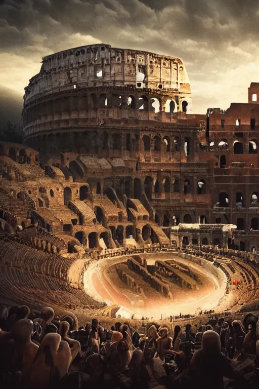 Image similar to Movie poster of a Roman gladiator duel to the death, out of focus colosseum with spectators in background, in the style of Greg Rutkowski and Ace Powell and Jean Giraud, extremely moody lighting, glowing light and shadow, atmospheric, shadowy, cinematic